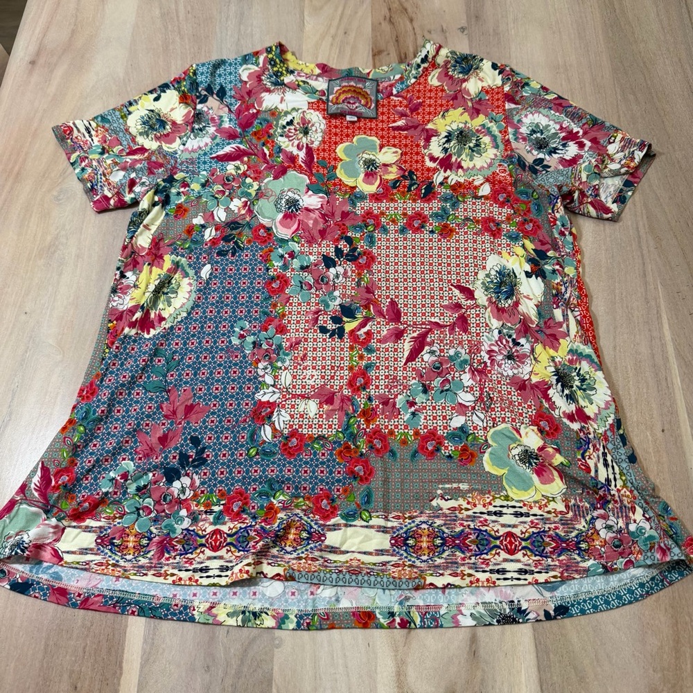Johnny Was Catalina Block Crew Neck Tee Floral Jersey Top Size Large